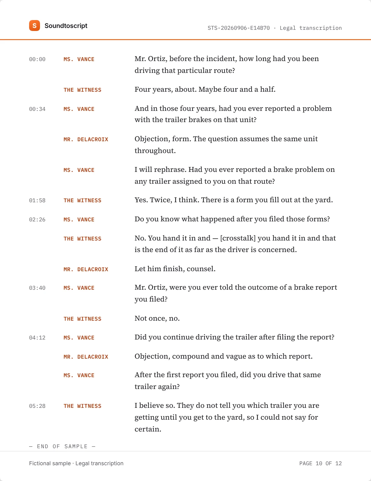 Page two of the legal sample: a speaker-labelled deposition transcript