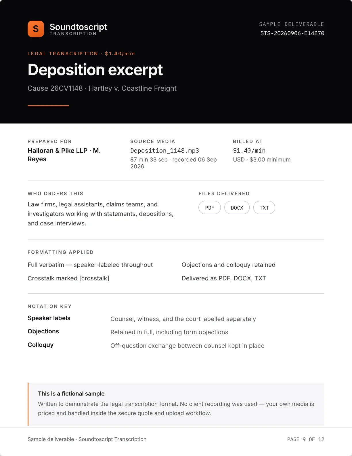 Cover page of the legal sample with order details